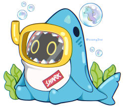 air_bubble animal artist_name bangboo_(zenless_zone_zero) bubble fish highres no_humans seahorse seaweed sharkboo_(zenless_zone_zero) simple_background sitting solo ssong2 white_background zenless_zone_zero