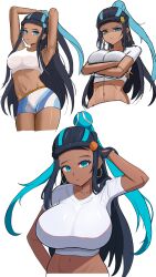 1girl absurdres alternate_breast_size aqua_hair armpits black_hair breasts crop_top cropped_shirt cropped_torso crossed_arms dark-skinned_female dark_skin from_above hand_in_own_hair highres impossible_clothes large_breasts linea_alba looking_at_viewer makeup medium_breasts midriff multiple_views navel nessa_(pokemon) nintendo non-web_source pokemon pokemon_swsh self-upload shirt sketch solo tight_clothes white_background white_shirt yissou_art