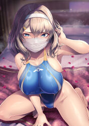 1girl barefoot bed bed_sheet blue_eyes blue_one-piece_swimsuit breasts brown_hair competition_swimsuit covered_erect_nipples dutch_angle hair_ornament hairband hairclip hashtag-only_commentary hassen_(8cm) highres kneeling large_breasts looking_at_viewer mask medium_breasts mouth_mask multicolored_swimsuit on_one_knee one-piece_swimsuit original petals playing_with_own_hair shiny_clothes shiny_skin solo sweat swimsuit very_sweaty white_hairband
