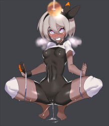 1girl barefoot bea_(pokemon) blue_eyes blush bodysuit bow breath cameltoe clenched_teeth clothes_lift covered_erect_nipples covered_navel dark-skinned_female dark_skin full_body gloves grey_background grey_hair hair_bow hairband heart heart-shaped_pupils hypnosis knee_pads mind_control nintendo pendulum pokemon pokemon_swsh pussy_juice pussy_juice_puddle shirt_lift short_hair single_glove solo squatting steam sweat symbol-shaped_pupils teeth ukimukai