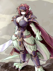 57mm armor dragon_girl gradient_background granberia highres serious sword weapon