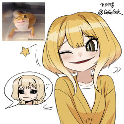 ... 2girls artist_name black_sclera blonde_hair blush bob_cut brown_eyes collarbone colored_sclera creature_and_personification gecko gegegekman gradient_hair highres image_in_speech_bubble jacket leopard_gecko leopard_gecko_(gegegekman) multicolored_hair multiple_girls one_eye_closed original parted_lips personification photo_inset reference_inset reptile_girl shirt signature slit_pupils smile star_(symbol) sweatdrop white_background white_shirt yellow_jacket