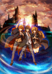 1girl 2boys aberforth_dumbledore albus_dumbledore alicia_spinnet amos_diggory angelina_johnson ariana_dumbledore arm_grab arthur_weasley augusta_longbottom bill_weasley black_hair brown_hair character_name charlie_weasley closed_eyes colin_creevey dean_thomas dennis_creevey fleur_delacour fred_weasley full_body gellert_grindelwald george_weasley ginny_weasley glasses godric_gryffindor green_eyes harry_potter harry_potter_(series) helga_hufflepuff hermione_granger highres hogwarts hogwarts_school_uniform hogwarts_uniform holding_another&#039;s_arm james_potter kapirusu katie_bell kingsley_shacklebolt lavender_brown lee_jordan lily_evans long_hair minerva_mcgonagall molly_weasley multiple_boys necktie neville_longbottom oliver_wood open_mouth orange_sky parvati_patil percy_weasley peter_pettigrew red_hair remus_lupin ron_weasley rowena_ravenclaw salazar_slytherin scar scar_on_face scar_on_forehead school_uniform seamus_finnigan sirius_black skirt sky smile vest viktor_krum walburga_black wand wizarding_world xenophilius_lovegood
