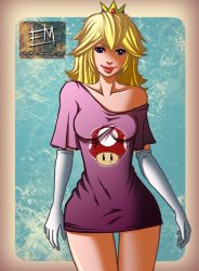 1girl 1up blonde_hair blue_eyes breasts crown ed_moffat elbow_gloves female_focus gloves long_hair mario_(series) mini_crown nintendo off_shoulder princess_peach shirt solo t-shirt thigh_gap watermark web_address white_gloves wide_hips