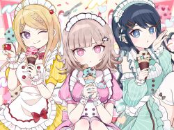 3girls ;) akamatsu_kaede alternate_costume apron breasts danganronpa:_trigger_happy_havoc danganronpa_(series) danganronpa_2:_goodbye_despair danganronpa_v3:_killing_harmony dress enmaided frilled_apron frills highres large_breasts maid maid_headdress maizono_sayaka multiple_girls nanami_chiaki one_eye_closed pink_dress puffy_short_sleeves puffy_sleeves q_ten_a short_sleeves smile white_apron