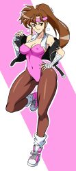 absurdres alternate_color artist_name bandages_around_arms breakers brown_eyes brown_hair cameltoe headband highres jacket leotard long_hair navel pantyhose ponytail shoes sneakers thick_thighs thighs tia_langray towel