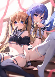 2girls bare_shoulders black_panties black_shirt black_thighhighs blonde_hair blue_hair brown_hair commentary_request crop_top detached_sleeves frills grabbing_another&#039;s_hair hakka_(suimya) holding holding_another&#039;s_hair holding_own_hair kurone_(suimya) long_hair looking_at_viewer mouth_hold multiple_girls navel original panties purple_eyes purple_hair ribbon shirt short_sleeves sitting stomach suimya thigh_strap thighhighs thighs twintails underwear very_long_hair white_thighhighs wrist_cuffs