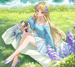 Rule 34 | 1girl, alternate costume, bare legs, bare shoulders, blonde hair, blue eyes, blue shirt, blue skirt, breasts, cartethyia (wuthering waves), cleavage, closed mouth, collarbone, commentary, criss-cross halter, crossed ankles, earrings, flower, flower hairband, grass, grey shoes, halterneck, hand puppet, hand up, hashtag-only commentary, high heels, highres, jewelry, legs, light blush, long hair, long sleeves, looking at viewer, lunacle, medium breasts, outdoors, paid reward available, parted bangs, pointy ears, puppet, purple flower, shirt, shoes, sidelocks, sitting, skirt, smile, solo, tacet mark (wuthering waves), very long hair, white flower, white skirt, wuthering waves