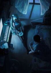1boy 1girl 39 absurdres anniversary aqua_hair aqua_necktie bag barefoot birthday birthday_cake black_hair black_thighhighs box cake charger charging_device collared_shirt commentary crate curtains dark desk detached_sleeves electric_fan food fork from_above grey_shirt guitar hair_between_eyes hatsune_miku headphones headset highres holding holding_fork holding_plate indoors instrument keyboard_(instrument) long_hair looking_at_another master_(vocaloid) monitor computer_mouse necktie night no_shoes on_bed on_chair open_mouth pillow plate power_strip screen_light shelf shirt shopping_bag short_sleeves shorts sidelocks sitting sleeveless sleeveless_shirt sleeves_past_wrists smile speaker t-shirt talking thighhighs tokaki trash_can twintails very_long_hair vocaloid wide_shot wide_sleeves window wireless_mouse