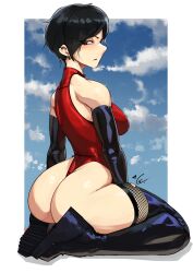 Rule 34 | 1girl, ada wong, adapted costume, artist logo, ass, bare shoulders, between legs, black boots, black eyes, black gloves, black thighhighs, blue sky, boots, border, breasts, brown eyes, capcom, closed mouth, cloud, cursed equinox, day, ear piercing, elbow gloves, expressionless, eyelashes, female focus, fishnet thighhighs, fishnets, from behind, gloves, hand between legs, huge ass, large breasts, leotard, logo, looking at viewer, looking back, piercing, platform boots, profile, red leotard, resident evil, resident evil 2, short hair, sky, solo, thigh boots, thighhighs, thighs, thong, thong leotard, white border