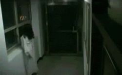 1boy 1girl abuse animated animated_gif black_hair hall japan kicking long_hair lowres necktie nightgown office photo_(medium) prank salaryman scared surprised violence what