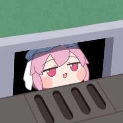 1girl :3 blush_stickers chibi chibi_only hat head_only highres it_(stephen_king) jitome meme mob_cap open_mouth pennywise_in_the_sewer_(meme) pink_eyes pink_hair saigyouji_yuyuko smile solo storm_drain touhou white_hat y75zei