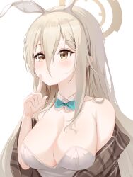 1girl absurdres akane_(blue_archive) akane_(bunny)_(blue_archive) animal_ear_hairband animal_ears armpit_crease blue_archive blue_bow blue_bowtie blush bow bowtie breasts brown_hair brown_hairband brown_halo brown_scarf cleavage collar collarbone detached_collar double-parted_bangs eyelashes fake_animal_ears finger_to_mouth hair_between_eyes hairband halo hand_up highres index_finger_raised large_breasts leotard long_bangs long_hair looking_ahead parted_lips plaid_clothes plaid_scarf playboy_bunny rabbit_ear_hairband rabbit_ears scarf shushing smile solo straight_hair teeth_bro upper_body variant_set white_background white_collar white_leotard