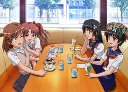 Rule 34 | 4girls, absurdres, black eyes, black hair, bow, brown eyes, brown hair, drink, flower, food, hair bow, hair flower, hair ornament, hairclip, highres, long hair, misaka mikoto, multiple girls, non-web source, official art, one eye closed, open mouth, parfait, saten ruiko, school uniform, serafuku, shirai kuroko, short hair, toaru kagaku no railgun, toaru majutsu no index, uiharu kazari, wink