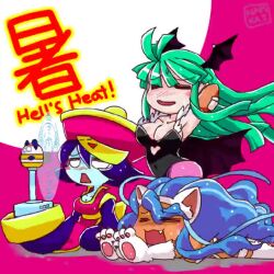 3girls animal_ears animated black_leotard blue_hair blush bouncing_breasts breasts bridal_gauntlets capcom cat_ears cat_girl cat_paws chibi chinese_clothes cleavage closed_eyes clothing_cutout collarbone darkstalkers demon_girl felicia_(darkstalkers) green_hair hat head_wings heart_cutout hsien-ko jiangshi large_breasts leotard long_hair mei-ling_(darkstalkers) morrigan_aensland multiple_girls nami_haru open_mouth orange_bridal_gauntlets pantyhose purple_pantyhose tagme video wings