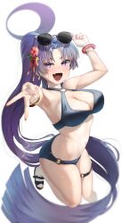 1girl :d absurdres armpits arms_up bare_shoulders bikini black_bikini blue_archive blush breasts cleavage eyewear_on_head fang flower hair_flower hair_ornament halo highres large_breasts long_hair looking_at_viewer navel official_alternate_costume official_alternate_hairstyle open_mouth ponytail purple_hair skin_fang smile solo standing stomach swimsuit thigh_strap v very_long_hair walking_nakta white_background yukari_(blue_archive) yukari_(swimsuit)_(blue_archive)