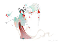 1girl absurdres aqua_sleeves bird black_hair blue_bird carrying_over_shoulder chinese_clothes closed_mouth earrings eyeliner facial_mark floral_print flower flower_earrings flower_in_eye forehead forehead_mark full_body hagoromo hair_rings hand_fan hanfu highres holding holding_fan jewelry jin_renshi layered_sleeves long_sleeves makeup original oversized_object poppy_(flower) red_eyeliner red_flower red_hanfu shawl short_hair short_over_long_sleeves short_sleeves simple_background sleeves_past_fingers sleeves_past_wrists solo standing symbol_in_eye tuanshan watermark weibo_watermark white_background wide_sleeves