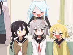 Rule 34 | &gt; &lt;, 5girls, :d, agoshi sakina, black hair, black sailor collar, blonde hair, blue hair, blush, brown cardigan, cardigan, character request, clenched hand, closed eyes, dot nose, grey hair, hair between eyes, hair ornament, hairclip, hands on another&#039;s head, highres, laughing, multi-tied hair, multiple girls, null-meta, open mouth, partially shaded face, sailor collar, saku p, shirt, sitting, smile, souen chiaki, takada shiyuki, trembling, uozumi kurumi, v-shaped eyebrows, white shirt, yellow cardigan, yellow eyes