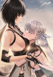 2girls absurdres backless_dress backless_outfit bare_back bare_shoulders black_dress black_gloves black_hair breasts colored_eyelashes commonalty dress female_rover_(wuthering_waves) gloves grey_eyes grey_hair grey_ribbon grey_sky hair_ribbon height_difference highres hug jinhsi_(wuthering_waves) long_hair looking_at_another multiple_girls outdoors revision ribbon rover_(wuthering_waves) sideboob sky sleeveless sleeveless_dress tears upper_body very_long_hair wuthering_waves yuri