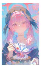 absurdres artist_name beret bingyuqin black_hat black_wings blue_archive blush border cake chinese_commentary closed_mouth collarbone commentary_request cream food fork fruit furrowed_brow halo hat highres holding holding_fork holding_tray koharu_(blue_archive) looking_at_viewer pink_eyes pink_hair sailor_collar signature strawberry tray twintails upper_body white_border white_sailor_collar winged_hat wings