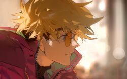 1boy absurdres black_shirt blonde_hair blue_eyes blurry blurry_background citronplanet closed_mouth coat glasses hair_between_eyes highres light_smile male_focus red_coat round_eyewear shirt short_hair sideburns solo trigun trigun_stampede turtleneck undercut upper_body vash_the_stampede