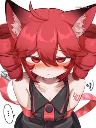 ... 1girl ahoge animal_ears annoyed bare_shoulders black_shirt black_sleeves blush breast_pocket cat_ears detached_sleeves drill_hair from_above hair_between_eyes highres karasu2020_8 kasane_teto kasane_teto_(utau) long_sleeves looking_at_viewer number_tattoo pocket red_eyes red_hair shirt signature simple_background sleeveless sleeveless_shirt solo spoken_ellipsis standing sweatdrop tattoo twin_drills utau white_background