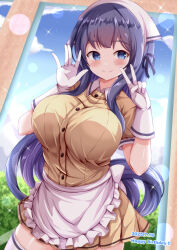 Rule 34 | 1girl, apron, black hair, blue eyes, blue hair, blue sky, blush, breasts, brown shirt, brown skirt, bush, closed mouth, cloud, collared dress, collared shirt, commentary request, dated, day, dress, dress shirt, finger counting, frilled apron, frills, gloves, hands up, happy birthday, headscarf, highres, indoors, large breasts, long hair, looking at viewer, misumi aoi, ongeki, pleated skirt, shirt, short sleeves, sidelocks, skirt, sky, smile, solo, standing, thighhighs, very long hair, waist apron, white apron, white gloves, white thighhighs, window, xenon (for achieve), yellow dress