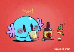 apple apple_juice applin artist_name blue_skin blush bottle colored_skin commentary_request cork dated drinking food fruit gen_2_pokemon gen_8_pokemon green_eyes highres juice jumping nintendo no_humans pokemon pokemon_(creature) saba_hokke sitting tail wooper worm