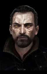 Rule 34 | 1boy, beard, black hair, facial hair, highres, lambert (the witcher), looking at viewer, male focus, scar, scar across eye, scar on face, short hair, solo, the witcher (series), tina duncan, yellow eyes