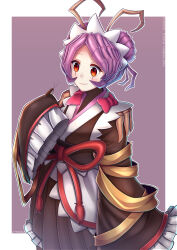 1girl antennae apron arthropod_girl artist_name border brown_kimono bug character_name closed_mouth cockroach copyright_name double_bun entoma_vasilissa_zeta extra_pupils fangs hair_bun hand_up highres insect insect_on_finger japanese_clothes kimono kuronekozero light_smile long_sleeves looking_down maid maid_headdress monster_girl overlord_(maruyama) pink_ribbon purple_background purple_hair ribbon short_hair skin_fangs sleeves_past_wrists solo white_apron white_border wide_sleeves