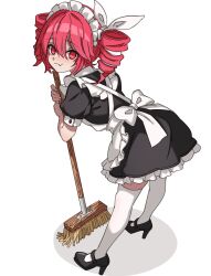 Rule 34 | absurdres, apron, bent over, black dress, black shoes, broom, dress, drill hair, fang, frilled apron, frilled dress, frilled hairband, frills, from behind, full body, ghuler, hair between eyes, hairband, high heels, highres, holding, holding broom, kasane teto, kasane teto (sv), looking back, maid headdress, red eyes, red hair, shadow, shoes, simple background, skin fang, smile, standing, synthesizer v, thighhighs, twin drills, utau, white apron, white background, white hairband, white thighhighs