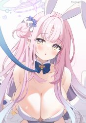 1girl animal_ears areola_slip ayamy blue_archive blue_bow blue_bowtie blue_flower blush bow bowtie breasts cleavage detached_collar fake_animal_ears flower hair_bun hair_flower hair_ornament halo highres large_breasts long_hair looking_at_viewer mika_(blue_archive) parted_lips pink_hair pink_halo purple_flower rabbit_ears single_side_bun solo yellow_eyes