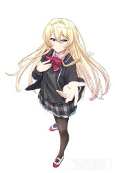 Rule 34 | 1girl, absurdres, black jacket, black pantyhose, blonde hair, blue eyes, bow, bowtie, cardigan, collared shirt, commentary, dress shirt, english commentary, grey cardigan, grey skirt, hair intakes, highres, jacket, long hair, long sleeves, mutsuki (mutsuki0110), ouzuka mai, pantyhose, plaid clothes, plaid skirt, pleated skirt, red bow, red bowtie, shirt, shoes, simple background, skirt, solo, uwabaki, watashi ga koibito ni nareru wake naijan murimuri!, white background, white shirt, white shoes