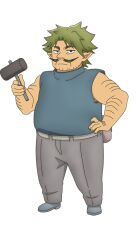 Rule 34 | 1boy, anime coloring, beard, belt, belt pouch, brown eyes, dungeon people, dwarf, facial hair, full body, green hair, grey belt, grey pants, grey shoes, hammer, hand on own hip, holding, holding hammer, looking at viewer, mature male, muscular, muscular male, mustache, nakayama yumi, official art, pants, pointy ears, pouch, rangard (dungoen people), shirt, shoes, simple background, sleeveless, solo, standing, stubble, thick eyebrows, transparent background, turtleneck, turtleneck shirt