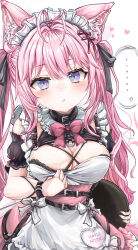 1girl absurdres animal_ears antenna_hair apron black_bow black_dress bow breasts cleavage closed_mouth dress hair_bow hakui_koyori hakui_koyori_(dark_maid) highres hololive large_breasts long_hair looking_at_viewer maid maid_apron maid_headdress official_alternate_costume official_alternate_hairstyle pink_hair purple_eyes shiroshima_hibiki solo tail twintails very_long_hair virtual_youtuber white_apron wolf_ears wolf_girl wolf_tail