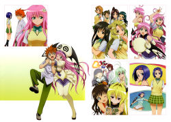 1boy 6+girls absurdres ahoge black_hair blonde_hair blush bodysuit book boots bow bowtie breath_weapon breathing_fire brown_eyes brown_hair cape closed_eyes comic crossed_arms double_bun drill_hair fire fourth_wall fujisaki_aya_(to_love-ru) ghost glasses gloves green_eyes green_hair grey_hair hair_bun hair_ornament hair_tubes hat head_wings high_ponytail highres hug kirisaki_kyouko kirisaki_kyouko_(toloveru) konjiki_no_yami kotegawa_yui kujou_rin lab_coat lala_satalin_deviluke laughing leotard long_hair mikado_ryouko momioka_risa multiple_girls murasame_oshizu official_art one_eye_closed open_book peke pen pink_hair plaid_clothes plaid_skirt ponytail purple_eyes purple_hair reading red_eyes run_elsie_jewelria sairenji_haruna sawada_mio scan school_uniform short_hair short_twintails skirt smile tenjouin_saki thigh_boots thighhighs to_love-ru twintails unworn_hat unworn_headwear v very_long_hair wings wink witch_hat yuuki_mikan yuuki_rito
