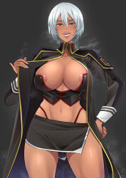 Rule 34 | 1girl, areola slip, black background, black jacket, blue eyes, breasts, butcha-u, dark-skinned female, dark skin, highleg, highleg panties, highres, jacket, large breasts, legs out of frame, looking at viewer, microskirt, midriff, navel, open mouth, panties, panty, short hair, simple background, skirt, smile, standing, steaming body, sweat, tagme, thighs, thong, underwear, white hair