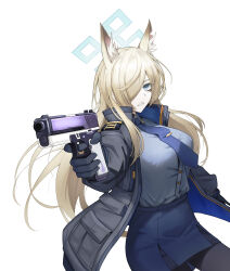 1girl aiming aiming_at_viewer animal_ears black_pantyhose blonde_hair blue_archive blue_eyes blue_halo blue_jacket blue_necktie blue_shirt blue_skirt breasts dog_ears funky_dea1er glock gun hair_over_one_eye halo handgun highres holding holding_gun holding_weapon jacket kanna_(blue_archive) large_breasts long_hair necktie one_eye_covered pantyhose shirt skirt solo weapon
