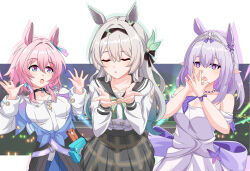 3girls absurdres animal_ears bare_shoulders black_bow blowing_kiss blue_eyes blush bow bowtie breasts buttons castorice_(honkai:_star_rail) castorice_(star_rail_live_2025)_(honkai:_star_rail) closed_eyes collarbone commentary double-breasted dress firefly_(honkai:_star_rail) firefly_(spring_missive)_(honkai:_star_rail) green_bow green_bowtie grey_sailor_collar grey_skirt hair_between_eyes hair_bow hands_up highres honkai:_star_rail honkai_(series) horse_ears jewelry kemonomimi_mode large_breasts long_hair long_sleeves looking_at_another march_7th_(honkai:_star_rail) march_7th_(preservation)_(honkai:_star_rail) maxwelzy medium_breasts multicolored_eyes multiple_girls necklace official_alternate_costume open_mouth pink_hair pointy_ears purple_dress purple_eyes sailor_collar shirt sidelocks skirt two-tone_eyes umamusume umapyoi_densetsu white_shirt white_tiara