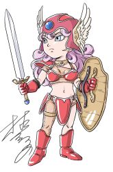 1girl armlet armor asymmetrical_dual_wielding bikini_armor blue_eyes blue_gemstone boots brown_pantyhose chibi choker commentary_request curly_hair dragon_quest dragon_quest_iii dual_wielding earrings gem gloves gold_armlet gold_choker gold_thighlet helmet highres holding holding_shield holding_sword holding_weapon jewelry long_hair murakami_yumiko navel official_alternate_costume pantyhose pauldrons purple_hair red_armor red_boots red_gloves red_helmet shield shoulder_armor signature single_leg_pantyhose single_pauldron solo stud_earrings sword thighlet undershirt warrior_(dq3) weapon white_background winged_helmet