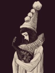 Rule 34 | 1girl, black background, conical hat, from side, highres, holding, holding instrument, instrument, instrument request, looking at viewer, solo, tp p pt