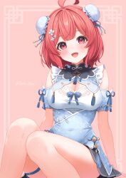 1girl ahoge blush breasts bun_cover cleavage cleavage_cutout clothing_cutout covered_navel double_bun flower hair_bun hair_flower hair_ornament highres looking_at_viewer open_mouth pink_eyes pink_hair sitting solo thigh_strap toketa-sekai virtual_youtuber vspo! yumeno_akari