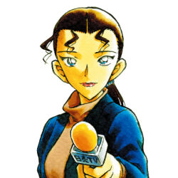 Rule 34 | 1girl, aoyama goushou, black hair, blue eyes, blue jacket, brown shirt, closed mouth, holding, holding microphone, interview, jacket, long hair, long sleeves, looking at viewer, low ponytail, lowres, meitantei conan, microphone, mizunashi rena, official art, open mouth, ponytail, portrait, reaching, reaching towards viewer, shirt, simple background, solo, white background