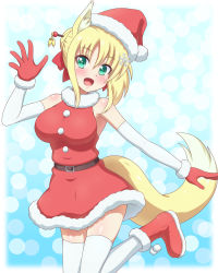 Rule 34 | 1girl, animal ears, blonde hair, boots, christmas, commentary request, dog days, dress, elbow gloves, fox ears, fur-trimmed dress, fur-trimmed gloves, fur trim, gloves, hair ornament, hairpin, halterneck, hat, head tilt, highres, layered gloves, leg up, looking at viewer, open mouth, partial commentary, red boots, red dress, red gloves, red hat, santa boots, santa costume, santa dress, santa gloves, santa hat, short dress, short hair, sidelocks, smile, snowflake hair ornament, solo, standing, standing on one leg, thighhighs, waving, white gloves, white thighhighs, yosuzu, yukikaze panettone