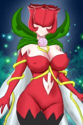 Rule 34 | 1girl, armpit crease, between breasts, black boots, blonde hair, bodysuit, boots, breasts, brooch, cape, cleavage, closed mouth, clothing cutout, commentary request, covered erect nipples, covered eyes, cowboy shot, digimon, digimon (creature), digimon adventure: (2020), digimon adventure tri., digimon savers, elbow gloves, gloves, green cape, jewelry, large breasts, long hair, mask, navel, navel cutout, plant, red bodysuit, red gloves, rosemon, smile, solo, standing, thigh boots, thigh gap, tiferet, vine whip, vines, whip, withlike