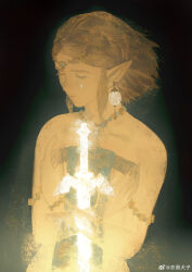 1girl absurdres blonde_hair circlet closed_eyes dress glowing highres jewelry master_sword necklace nintendo pointy_ears princess_zelda solo strapless strapless_dress sword teardrop the_legend_of_zelda the_legend_of_zelda:_tears_of_the_kingdom watermark weapon weibo_3937522456 weibo_username weibo_watermark