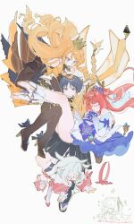 2boys 4girls =_= aether_(genshin_impact) ass bare_shoulders bell black_dress black_eyes black_gloves black_hair black_socks black_thighhighs blonde_hair blue_brooch blue_eyes blue_skirt blue_trim blunt_bangs blunt_ends blush braid brooch carrying carrying_multiple_people carrying_person circlet closed_eyes crown detached_sleeves disheveled double-parted_bangs dress drill_hair drill_sidelocks elbow_gloves expressionless eyeliner eyeshadow flower genshin_impact gloves gold_circlet gold_crown hair_intakes hakama hakama_shorts halo hands_on_own_chest headdress heart high_heels highres iloveri_yuet_t japanese_clothes jewelry knees laurel_crown leg_warmers legs legs_together legs_up long_hair looking_at_another looking_at_viewer looking_down looking_up low_twin_braids makeup mandarin_collar mechanical_halo multiple_boys multiple_girls nahida_(genshin_impact) navia_(genshin_impact) nilou_(breeze_of_sabaa)_(genshin_impact) nilou_(genshin_impact) open_mouth outstretched_arms own_hands_together paimon_(genshin_impact) parted_bangs pink_halo pointy_ears princess_carry purple_flower purple_rope purple_trim red_eyeliner red_eyeshadow romper rope scaramouche_(genshin_impact) scarf short_hair short_hair_with_long_locks shorts side_ponytail sidelocks sketch skirt socks stirrup_footwear stirrup_legwear thighhighs toeless_footwear toeless_legwear toes tri_drills triangle_mouth twin_braids twintails twitter_username veil vision_(genshin_impact) wanderer_(genshin_impact) white_background white_dress white_hair white_headdress white_leg_warmers white_romper white_sleeves white_thighhighs white_veil yellow_scarf yellow_skirt
