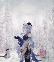 2girls absurdres ahoge bell blue_hair cloud ganyu_(genshin_impact) genshin_impact gloves highres horns jiangshi long_hair mouse_(animal) multiple_girls outdoors ponytail purple_hair qiqi_(genshin_impact) red_eyes shirone_(coxo_ii) short_hair snow thighs tree