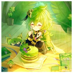 1girl blush book cape capelet closed_eyes closed_mouth collei_(genshin_impact) commentary_request cuilein-anbar_(genshin_impact) double-parted_bangs eating elbow_on_table feather_hair_ornament feathers gem genshin_impact gift green_cape green_hair green_theme hair_between_eyes hair_ornament highres holding holding_spoon leaf mibai_yume pink_gemstone plant potted_plant solo spoon table tassel wooden_floor wooden_table