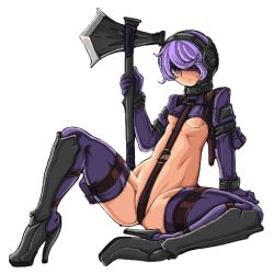 1girl ammunition_pouch armor axe beyond_citadel breasts crotch_strap doekuramori game_cg gloves holding holding_axe long_sleeves looking_at_viewer martyr_(the_citadel) medium_breasts navel non-web_source official_art pouch purple_eyes purple_gloves purple_hair purple_thighhighs revealing_clothes short_hair sitting solo the_citadel thighhighs transparent_background weapon